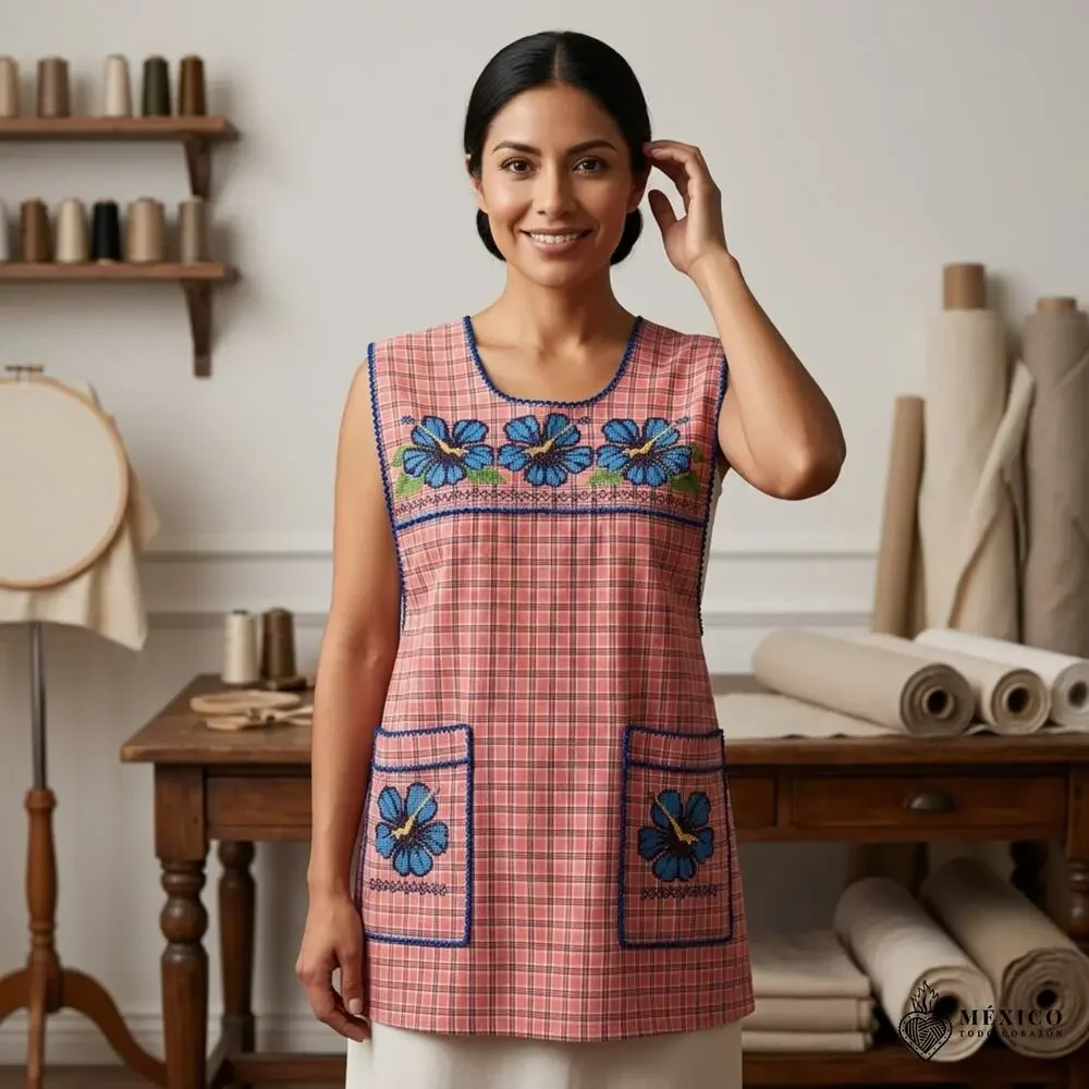 Traditional Mexican Cross-Stitch Embroidered Apron – Deluxe Artisan Smock Style